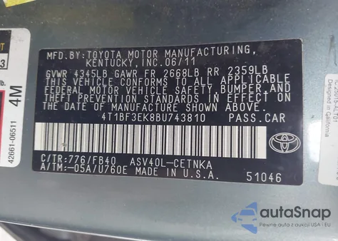 2011 Toyota Camry Le z USA, uszkodzony, nr VIN 4T1BF3EK8BU743810